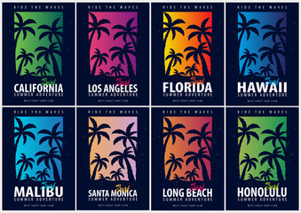 Set of Surfing graphics with palms. T-shirt design and print.