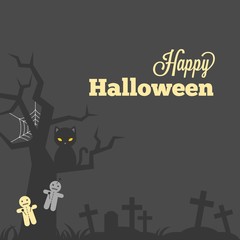 Happy halloween typographic with grave stone and grave yard, cross, grass, curse doll, black cat and cobweb, design in vintage style for poster, invitation or greeting card