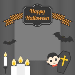 Happy halloween in badge and checks ribbon with candle, bat, Dracula's coffin, design in vintage style for poster  or greeting card