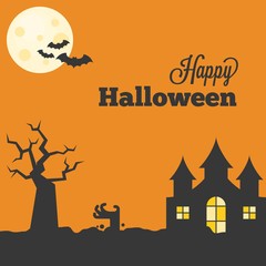Happy halloween with abandoned castle, bat, full moon, zombie hand, haunting tree, design in vintage style for poster  or greeting card