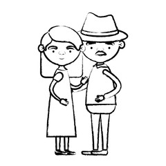 blurred silhouette of full body couple elderly of grandmother with straight medium hair in dress with grandfather with hat and moustache