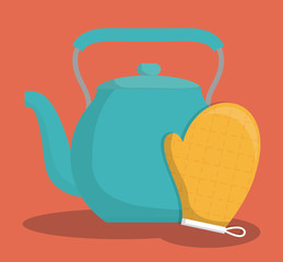 teapot and cooking glove icon over orange background colorful design vector illustration