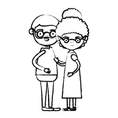 blurred silhouette of full body couple elderly of bearded grandfather with glassses and grandmother with curly collected hair in dress