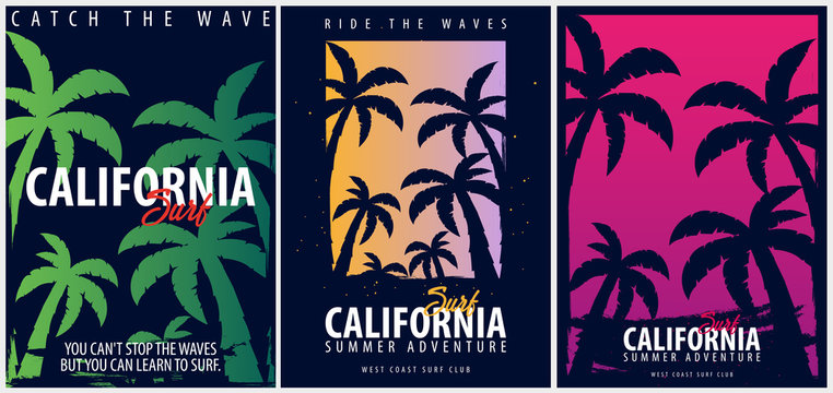 Set of Surfing graphics with palms. T-shirt design and print.