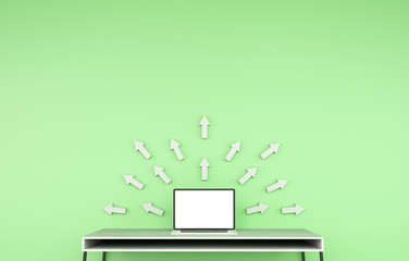 Modern desktop interior with laptop and grey arrows 3D rendering