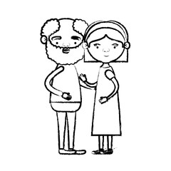 blurred silhouette of full body couple elderly of bearded grandfather with grandmother with bow lace and straight hair in dress