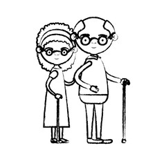 blurred silhouette of full body couple elderly of grandmother with curly hair in dress and bald grandfather with glasses in walking stick