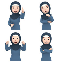 Muslim woman Girl character portrait wearing hijab, 3D illustration
