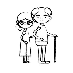 blurred silhouette of full body couple elderly in walking stick of grandmother with bun side hair in dress and bald grandfather with glasses