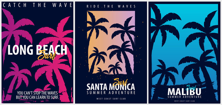 Santa Monica Surfing graphic with palms. T-shirt design and print.