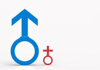 3d illustration. big blue Male Gender sign and small red female gender sign on white baclground. Gender pay gap concept.