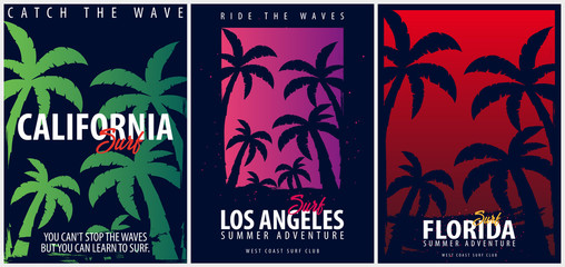 Set of California Surfing graphics with palms. T-shirt design and print.