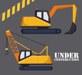 backhoe and crane truck icon over gray background colorful design vector illustration