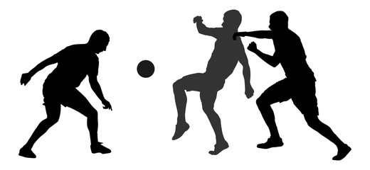 Isolated poses of soccer players in duel vector silhouettes on white background. Football player silhouette cutout outlines.  - obrazy, fototapety, plakaty