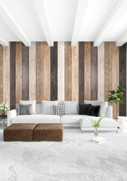 White bedroom minimal style Interior design with wood wall. 3D Rendering. 3D illustration