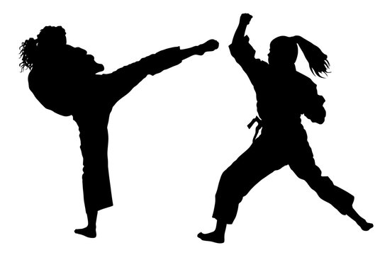 Karate woman fighters in kimono, vector silhouette illustration. Judo fighters ladies battle. Japan traditional martial art. Self-defense presentation. In healthy body healthy mind.