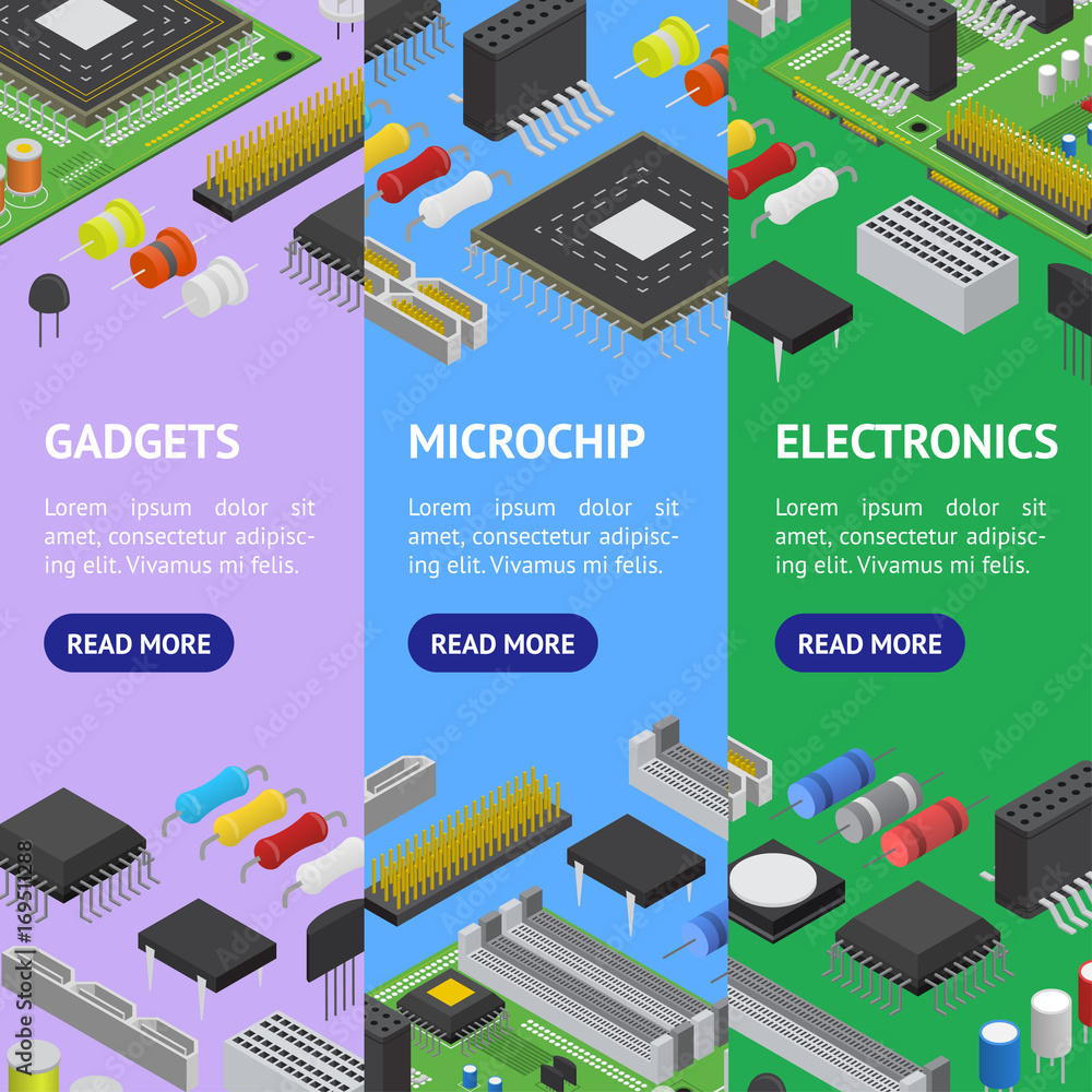 Aufkleber computer electronic circuit board component banner vecrtical set isometric view. vector