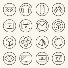 Rounded Line icons for Virtual Reality innovation technologies. Uses of Virtual Reality.