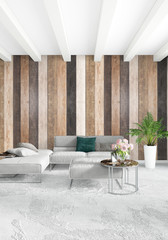 White bedroom minimal style Interior design with wood wall and grey sofa. 3D Rendering. 3D illustration