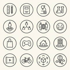 Rounded Line icons for Virtual Reality innovation technologies. Uses of Virtual Reality.