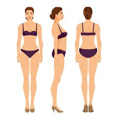 Vector illustration of beautiful woman in underwear isolated on white background. Various turns woman's figure. Side view, front and back view