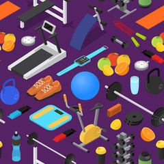 Gym Exercise Equipment Background Pattern Isometric View. Vector