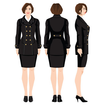 Vector illustration of professional girls in formal clothes isolated on white background. Various turns woman's figure. Side view, front and back view. Woman in black coat in military style.