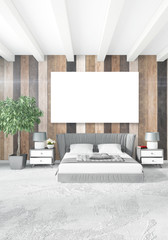 White bedroom minimal Interior design with wood wall and copyspace into an empty frame. 3D Rendering. 3D illustration