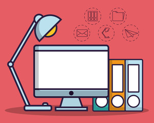 computer and office elements icon over red background colorful design vector illustration