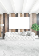 Fototapeta na wymiar White bedroom minimal Interior design with wood wall and copyspace into an empty frame. 3D Rendering. 3D illustration