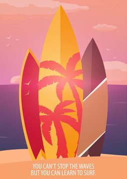 Surfing banner and poster. Surfboards on a beach. Surf and summer design.