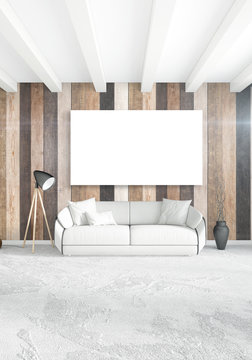 White bedroom minimal Interior design with wood wall and copyspace into an empty frame. 3D Rendering. 3D illustration