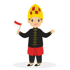 Aceh boy wearing traditional dress and holding Indonesian flag cartoon vector