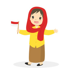 Fototapeta premium Jakarta, Betawi girl wearing traditional dress and holding Indonesian flag cartoon vector