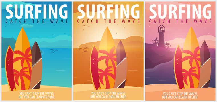 Surfing banner and poster. Surfboards on a beach. Surf and summer design.