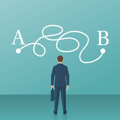 Businessman in suit standing in front of tangled paths. Complicated drawing line from point A to point B on wall. Concept problems solutions. Vector illustration flat design. Isolated on background.