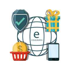 shopping online with technology equipment connect vector illustration