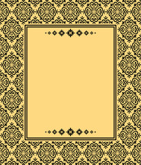 Vintage floral design, graphic frame. Gold and black pattern. Damask pattern.
