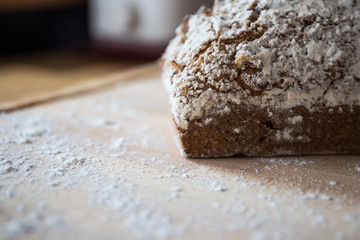 Close-up shot of deliciously baked bread bun made of rye flour. 