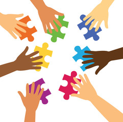 many hands holding colorful puzzle pieces vector illustration