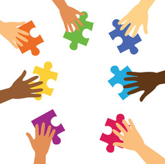 many hands holding colorful puzzle pieces vector illustration