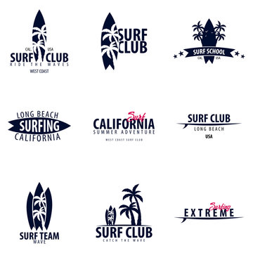 Set of Surfing logo and emblems for Surf Club or shop. Vector illustration.