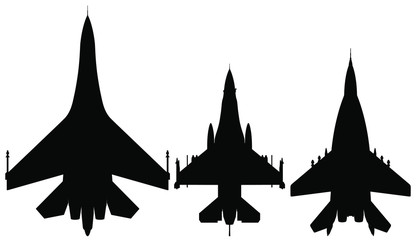 Vector set of Fighter jet silhouettes (SU-27, Mig-29, F-16)  - 169517246