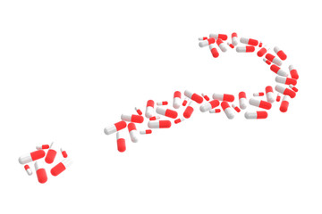 3D realistic render of question mark make from red pills, Clipping path. Isolated on white background.