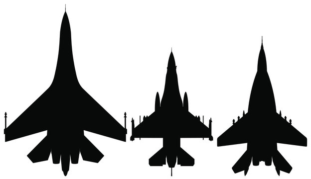 Vector set of Fighter jet silhouettes (SU-27, Mig-29, F-16) .