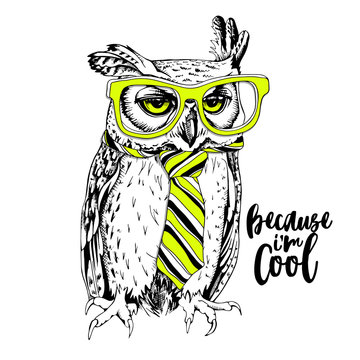 Screech-owl in the bright striped tie and neon yellow glasses. Vector illustration.