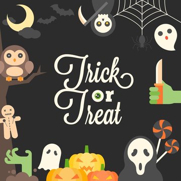 halloween poster, trick or treat calligraphic and cute cartoon character, flat design