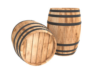 Obraz premium 3D realistic render of two old light wood barrel. White background. Shadows. Clipping path