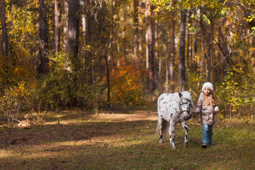 Little cute girl walking with a pony in the autumn forest