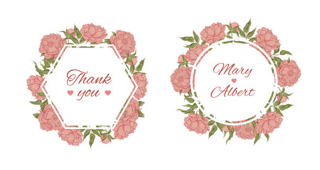 Vector colourful outline background sketch peony with open and closed bud, leaves and twigs. Set herbal graphics. Frame different forms with place for text about sale or holiday congratulations